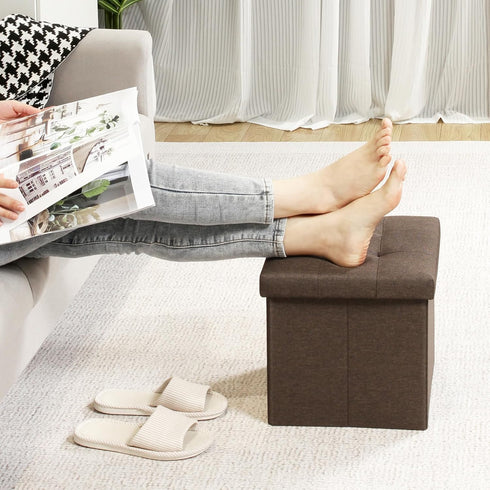 B FSOBEIIALEO Storage Ottoman Cube, Toy Chest Folding Footrest for Living Room Seat, 12.6"X12.6"X12.6" (Linen Brown)...