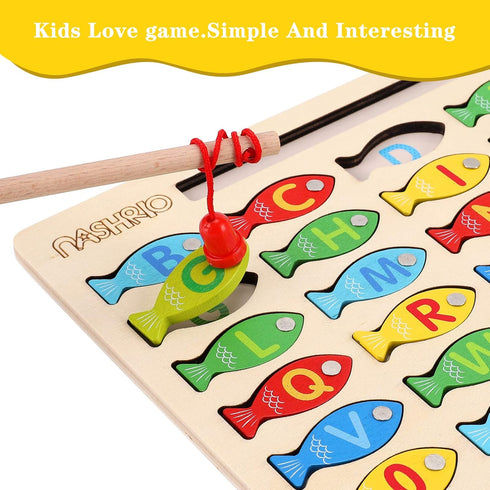 Magnetic Wooden Fishing Game Toy for Toddlers, Alphabet Fish Catching Counting Games Puzzle with Numbers and Letters, Preschool Learning ABC Math ...