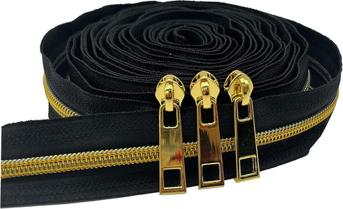 #5 Black Zipper Tape by The Yard Nylon Zippers for Sweing Gold Teeth 10 Yard with 20pcs Zipper Pulls for Bags and Purses Handback Craft Making...