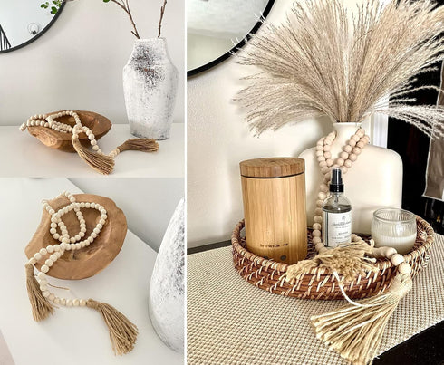 LSKYTOP 58 Inches Wood Bead Garland with Tassel,Farmhouse Rustic Prayer Boho Wooden Beads for Tiered Tray Coffee Table Mantel Decor (1 Pack)...