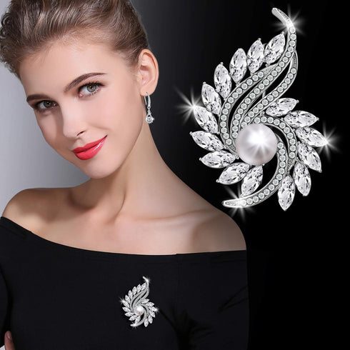 Party Holiday Wedding Brooch for Women and 925 Sterling Silver Earrings with Glitter Pearl Rhinestone Jewelry Set for Women...