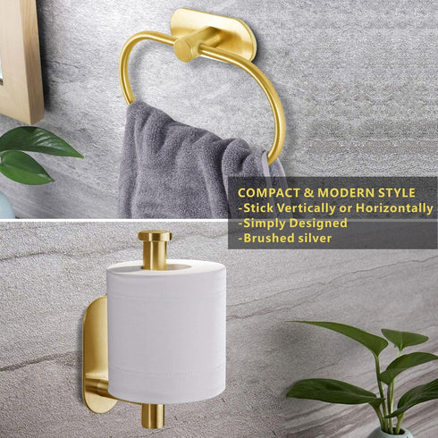 Toilet Paper Holder/Towel Ring Self Adhesive, Eolax No Drilling Gold Bathroom Hardware Accessories, Stainless Steel Sticky Toilet Roll Hanger and ...