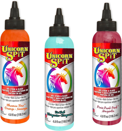 Unicorn Spit Gel Stain & Glaze in One - Calypso Collection includes: Phoenix Fire, Pixie Punk Pink, Zia Teal in 4 oz size...