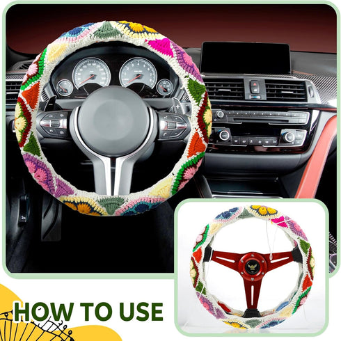 Geelin 3 Pcs Crochet Steering Wheel Cover with Crochet Belt Cover Boho Floral Crochet Car Steering Wheel Cover Handmade Seat Belt Shoulder Cover P...
