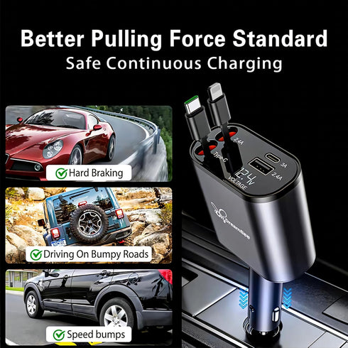 Retractable Car Charger,66W 4 in 1 Super Fast Charge Car Phone Charger,Retractable Cables (31.5 inch) and 2 USB Ports Car Charger Adapter for iPho...