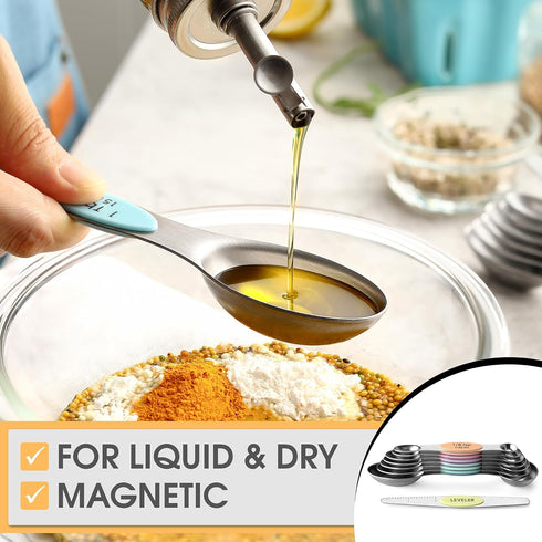 Spring Chef Stainless Steel Magnetic Measuring Spoons Set of 8 with Leveler, Metal Teaspoon & Tablespoon Measuring Spoons for Dry and Liquid Ingre...