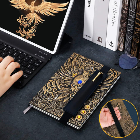 Vintage Phoenix Embossed Leather Notebook Travel Journal Daily Notebook Office Notebook,with Black Ballpoint Pen and Pen Sleeve.Antique Handmade,H...