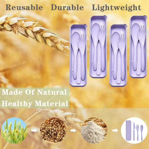 Reusable Travel Utensils Set with Case, 4 Sets Wheat Straw Portable Plastic Fork Spoons Knife Camping Cutlery, Eco-Friendly BPA Free Lunch Tablewa...