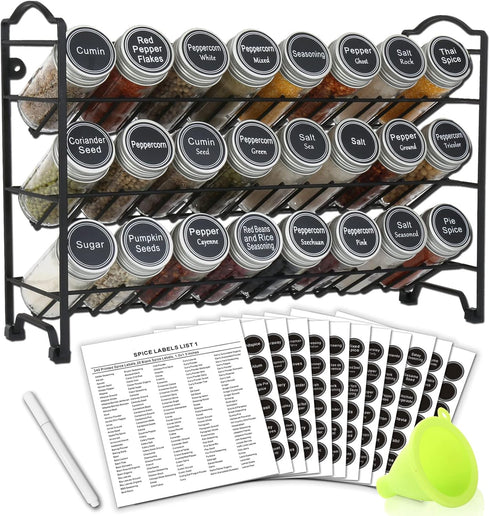 SWOMMOLY 3 Tier Spice Rack Organizer with 24 Empty Round Spice Jars, 396 Spice Labels, Funnel and Chalk Marker Complete Set, Black...