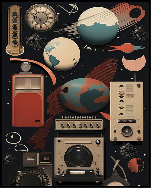 Posterizer 1 pcs-old timey devices-surreal collage with planets-Retro Art-Astronomy & Celestial Art-Gift for Art Lovers- UNFRAMED Wall Art...