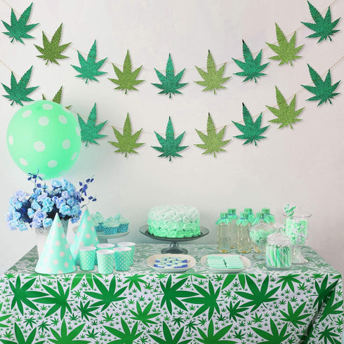 2 Pieces Pot Leaves Weed Banners and 51.2 x 86.6 Inch Weed Tablecover Green Hawaii Tropical Palm Leaves Banner Tablecloth for Pot Leaf Felt Birthd...