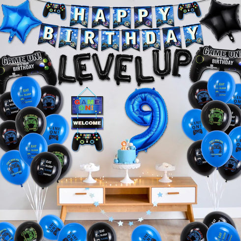 9th Video Game Birthday Party Decoration Balloons Game on Party Supplies Set Include Happy Birthday Banner Foil Balloon Latex Balloon Ideal for Ki...