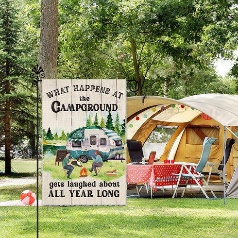 What Happens at Campground Get Laughed Garden Flag, 12 x 18 Inch Holiday Yard Outdoor Farmhouse Lawn Decoration Flag, RV Campground Bonfire Campin...