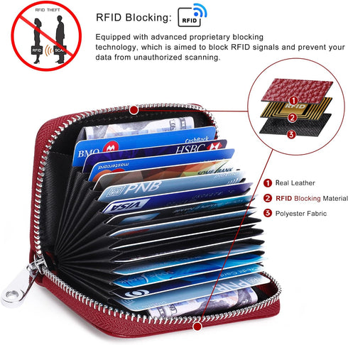 FEITH&FELLY Genuine Leather Credit Card Holder RFID Small Zipper Card Case Wallet for Women & Men...