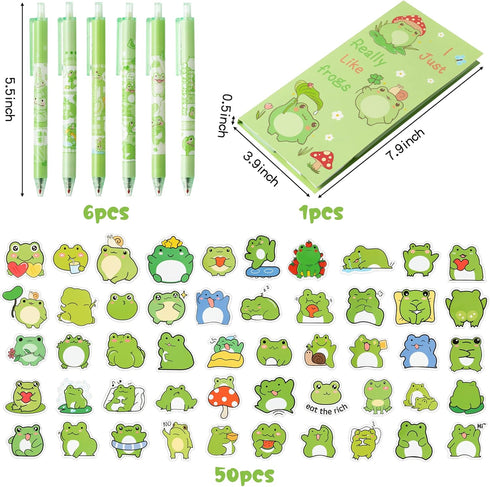 57Pcs Frog Sticky Notes with Pen Stickers Stationery Set 0.5mm Black Gel Ballpoint Pens Frog Self-Stick Notes Pads Cartoon Frog Vinyl Stickers Bac...