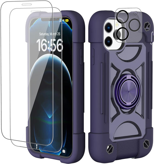 for iPhone 12 Pro Max Case 6.7 Inch with Ring Stand, with 2 Pack Glass Screen Protector + 1 Pack Camera Lens Protector,Heavy-Duty Shockproof Cover...