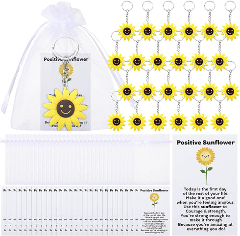 30 Set Inspirational Positive Sunflower Keychains End of the Year Gifts Bulk Motivation Employee Appreciation with Funny Card Organza Bag Gifts fo...