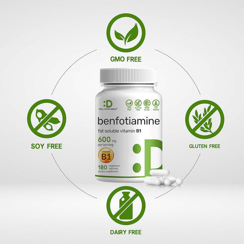 Benfotiamine 600mg Per Serving, 180 Veggie Capsules (300mg Per Cap) – Fat Soluble Vitamin B1 Thiamine Supplement – 3rd Party Tested, Vegan, Non-GM...