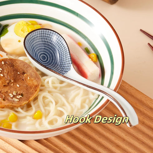 Ceramic Asian Soup Spoon set of 4, Japanese Ramen Spoon in Different Pattern, Perfect for Ramen, Noodle, Chinese Wonton, Vietnamese Pho, Soup Dump...
