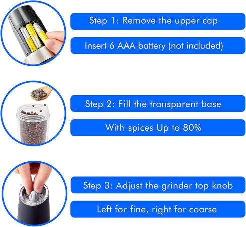 Gravity Electric Pepper and Salt Grinder Set, Battery Operated Pepper Mill with Blue LED Light, One Hand Operation, Flip to Grind, Adjustable Coar...