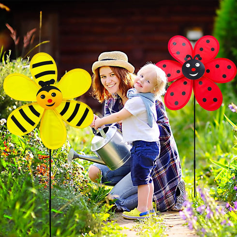 Flower Wind Spinner 4pcs Garden Pinwheels Whirligigs 11.8inch Ladybug Bee Windmill Wind Spinner Pinwheel for The Yard Garden Lawn Patio Outdoor De...