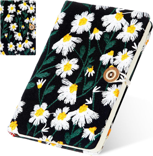 Fabric Notebook A6 Flower Embroidered Journal Daisy Printed Linen Hardcover Journal Pocket Ruled Notebook Blank for Women Girls Gifts Office and S...