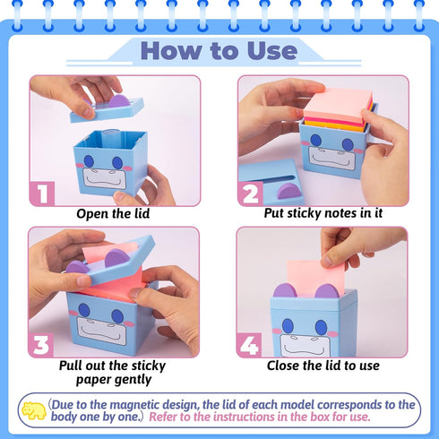 Pop-up Notes Dispenser, 3x3 in, Magnetic Design, Cute Hippo, Large Capacity (Patent Registering)...