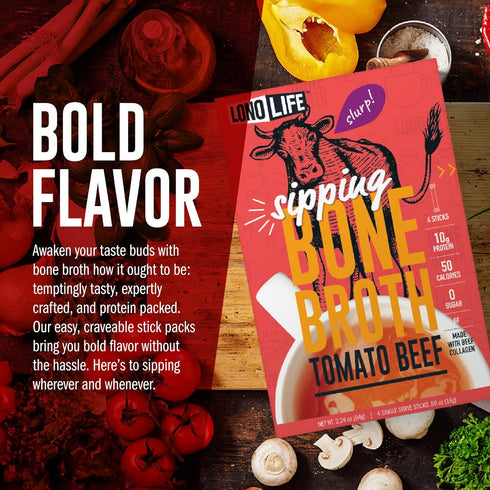 LonoLife Tomato Beef Bone Broth Powder Mix | Grass-Fed, 10g Protein | Collagen-Rich, Keto & Paleo Friendly | Natural Ingredients | 4 Portable Stic...