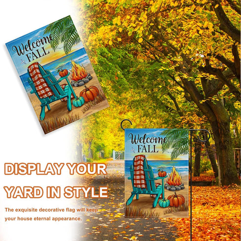 Welcome Fall Beach Pumpkin Decorative Garden Flag, Autumn Sea Ocean Chair Bonfire Coastal Yard Outside Decorations, Buffalo Plaid Check Nautical O...
