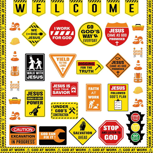 67 Pieces Christian Construction Classroom Decorations Religious Welcome Bulletin Boards Cutouts for Preschool Elementary School Motivational Scri...