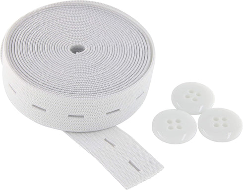 Flat Sewing Band Spool with Buttonholes, Elastic Stretchable, Ideal for DIY Waistbands and Necklines (White, 3/4 inch × 3 Yards)...