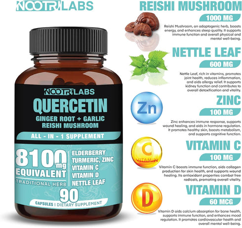 All-in-1 8100mg Highest Potency Quercetin, Elderberry, Turmeric, Reishi Mushroom, Vitamin C, D, Ginger Root, Zinc, Nettle Leaf - Immune, Energy, A...