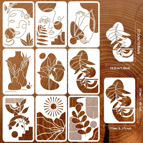 FINGERINSPIRE 9PCS Boho Sunrise Stencil Abstract Art Stencils 11.7x8.3 inch Large Reusable Tropical Plants Stencil Female Face Painting Stencils, ...