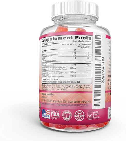 Black Sambucus Elderberry Gummies with Propolis & Echinacea + Vitamin C Antioxidant Flavonoids Immune System Booster for Kid & Adult Vegan Friendl...