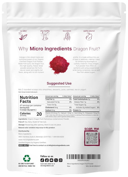 Organic Dragon Fruit Powder, 10oz | 100% Natural Fruit Powder | Freeze-Dried Pink Pitaya Source | No Sugar & Additives | Great Flavor for Drinks, ...