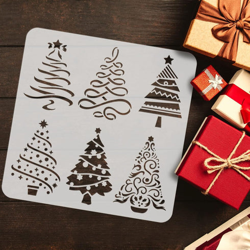 FINGERINSPIRE Christmas Tree Stencils 11.8x11.8 inch 6 Different Christmas Tree Pattern Stencils with Stars Stencils Template Plastic Reusable Tre...