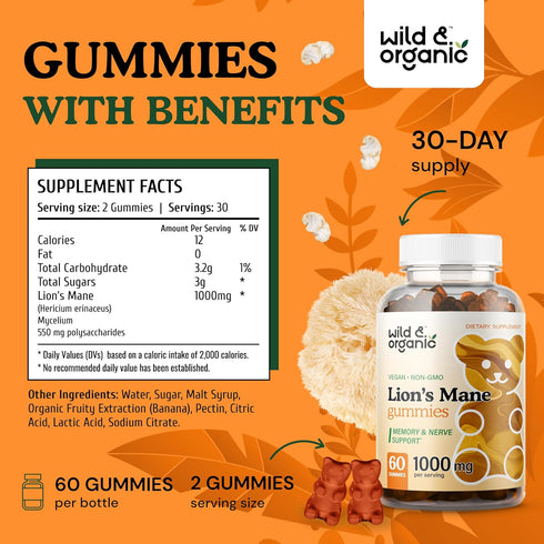 Wild & Organic Lion's Mane Gummies 1000mg - Natural, Vegan Hericium Erinaceus Mushroom Supplement - Brain Health, Focus, Immune, Antioxidant Suppo...