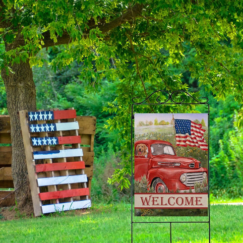 Welcome Summer American Red Truck 4th of July Decorative House Flag, Garden Yard Lawn Patriotic America Dog Outside Decor, USA Spring Home Outdoor...
