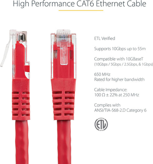 StarTech.com 20ft CAT6 Ethernet Cable - Red CAT 6 Gigabit Ethernet Wire -650MHz 100W PoE++ RJ45 UTP Molded Category 6 Network/Patch Cord w/Strain ...