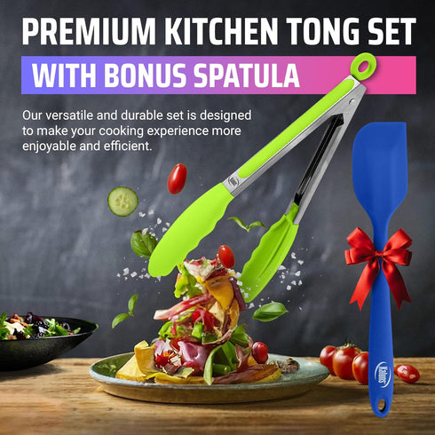 Kaluns Kitchen Tongs - Silicone Tip Stainless Steel Set, 7, 9, 12 Inch Tongs Plus Heat Resistant Spatula, Non-stick Serving Utensils...