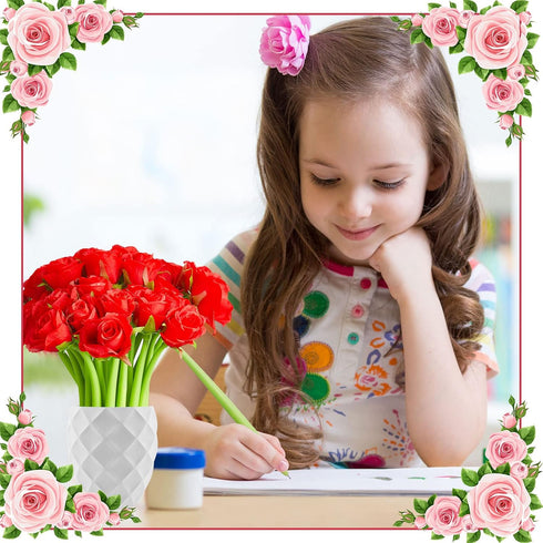 Gueevin 24 Pcs Flower Pens Gifts Mothers Day Artificial Rose Pens Creative Black Ink Pens Bulk Wedding Birthday Party Favors Office School Gift Su...