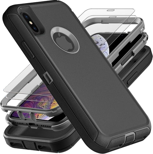 for iPhone Xs Max Case, Military Grade 3 in 1 Heavy Duty Shockproof/Drop Proof/Dust Proof Case with 2Pcs Tempered Glass Screen Protector (Black/Gr...