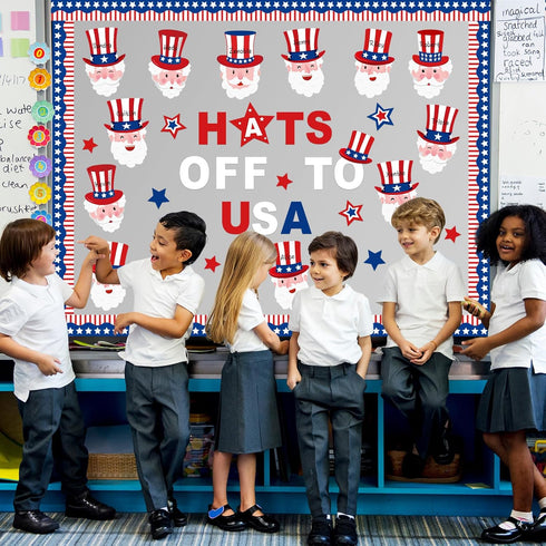 68 Pcs 4th of July Bulletin Board Decorations Hats off to USA Bulletin Board Hollow Cutouts American Flag Bulletin Board Border for Independence D...