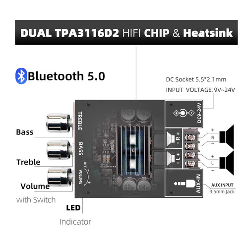 200W Bluetooth 5.0 Stereo Audio Receiver Amplifier Board with Treble and Bass Control 2 Channel Mini Wireless High Power Digital Amp Module for Ho...