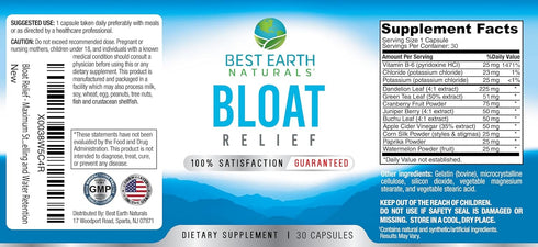 Best Earth Naturals Bloat Relief - Water Supplement with Dandelion, Green Tea, Cranberry, Apple Cider Vinegar & More 30 Count...