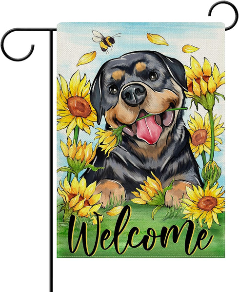 Welcome Spring Summer Rottweiler Dog Decorative Garden Flag, Sunflower Pet Yard Outside Home Decoration Dog Lover Gifts, Floral Flower Bee Seasona...