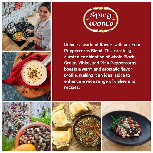 Spicy World Four Peppercorn Rainbow Blend in Resealable Bag – Perfect Flavor Blend - NON-GMO, Steam Sterilized - Whole Black, Whole Green, Whole W...