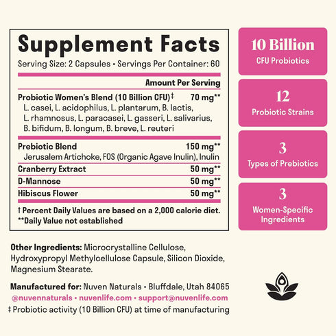 Womens Probiotic - 60 Day Supply - 12 Probiotic Strains, D Mannose, Cranberry for Digestive Health, Vaginal Health, & Immune Support - Prebiotics ...