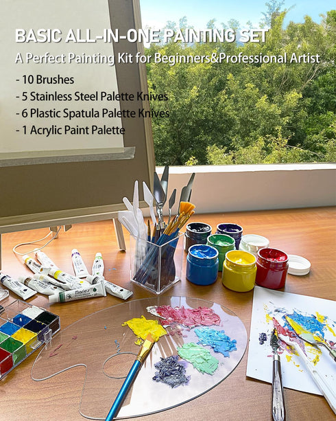 Acrylic Paint Set, Art Painting Supplies Kit with 10 Brushes, 5 Stainless Steel Palette Knife, 6 Plastic Spatula Palette Knives, Paint Palette tra...