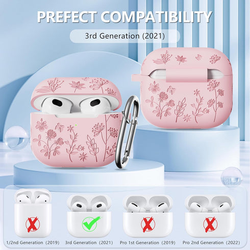 for Airpods 3rd Generation Case - Flower Engraved Soft Silicone Case Compatible with Airpods Case 3rd Generation - Cute Case for Airpod 3rd Genera...
